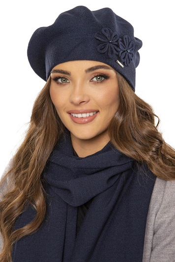 Vivisence Damen Baskenmütze Schal Set Wolle Blumenapplikation Warm Elegant 7007, dunkelblau
