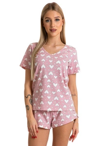 Piu Bella Damen Pyjama Schlafanzug Kurzarm Nachtwäsche 2teilig Set Bequem PKK-43, Pink