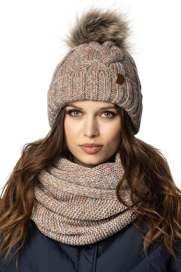 Vivisence Damen Bommelmütze Und Loop-Schal Mit Bommel Ideal Für Wintertage 7014, braune Melange