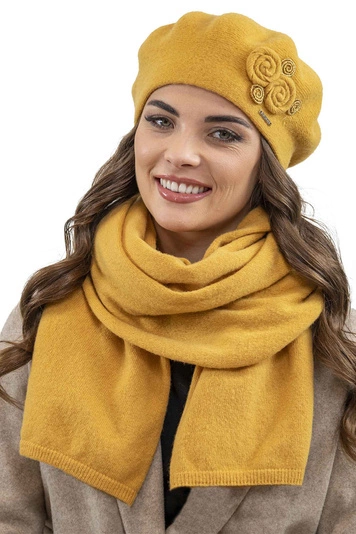 Vivisence Damen Baskenmütze Schal Set Wolle Applikation Lang Warm 7037kmpl, honig