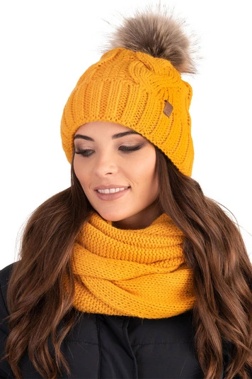 Vivisence Damen Bommelmütze Und Loop-Schal Mit Bommel Ideal Für Wintertage 7014, honig