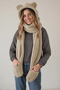 Vivisence Warme Damen Mütze 3-In-1 Teddybär-Kapuzenmütze Flauschige Mütze, Schal Und Handschuhe In Einem Perfekt Für Kalte Wintertage Und Als Geschenk, beige