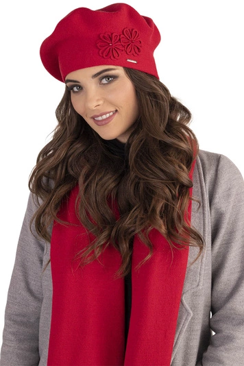 Vivisence Damen Baskenmütze Schal Set Wolle Blumenapplikation Warm Elegant 7007, rot