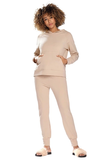 Dkaren Dame Homewear Set Bequem Musterlos Rundhlasausschnitt Komfortabel Seattle, Beige