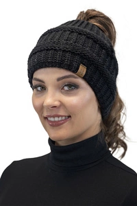 Vivisence Damen Mütze Zopfschlaufe Gefüttert Flauschig Gummibund Winter 7075, schwarz