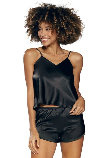 Dkaren Dame Pyjama Set Schlafanzug Zweiteilig Satin Sinnlich Glatt Karen, Schwarz