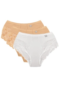 Wolbar Dame Slip Mit Hohem Bund Klassisch Elegant Netz Mesh Gummi Höschen Unterhose WB406, beige/beige/weiß