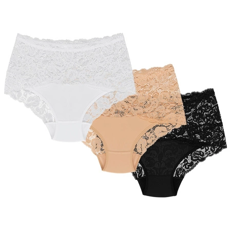 Wolbar Dame Slip 3er Pack Bund Pantys Spitze Elegant Unterhose Unterwäsche WB414, beige-weiß-schwarz