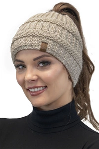 Vivisence Damen Mütze Zopfschlaufe Gefüttert Flauschig Gummibund Winter 7075, beige