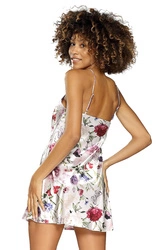 Dkaren Dame Nachthemd Nachtkleid Nachtwäsche Satin Geblümt DK-HK-005, Weiß