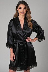 Vivisence Damen Kimono Bademantel Negligé Kurz Elegantes Kimono mit Spitze 3/4 Arm Mini Länge Satin-Look Schlafmantel mit Gürtel für Spa Lounge,