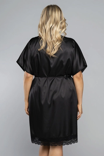 Italian Fashion Dame Morgenmantel Nachtwäsche Satin Schnürung Dotyk, Schwarz