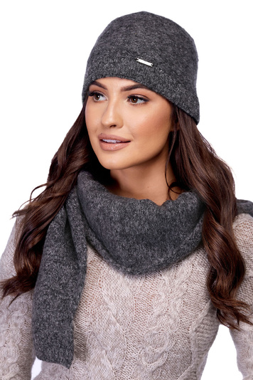 Carmen Dame Winter Set Mütze+Schal  Kopfbedeckung  warm  musterlos  K-42, Dunkelgrau