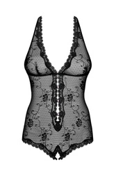 Obsessive Fiorenta teddy Body Damen Nachtwäsche regulierbar offener Schritt Top Qualität, Schwarz