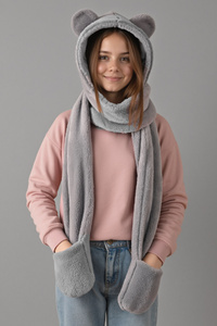Vivisence Warme Damen Mütze 3-In-1 Teddybär-Kapuzenmütze Flauschige Mütze, Schal Und Handschuhe In Einem Perfekt Für Kalte Wintertage Und Als Geschenk, hellgrau