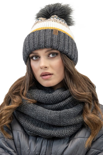 Vivisence Modisches Winterset für Damen Warme Mütze Mit Antistatischem Fleece Und Umweltfreundlichem Bommel Passender Loop-Schal Aus Weichem Garn Perfekt Für Kalte Tage Und Outdoor-Aktivitäten, dunkelgrau