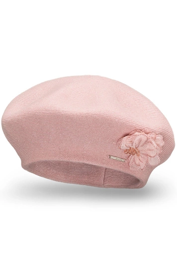 Vivisence Damen Baskenmütze Garn mit Blumenapplikation Ideal für Wintertage 7036, rosa