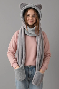 Vivisence Warme Damen Mütze 3-In-1 Teddybär-Kapuzenmütze Flauschige Mütze, Schal Und Handschuhe In Einem Perfekt Für Kalte Wintertage Und Als Geschenk, hellgrau