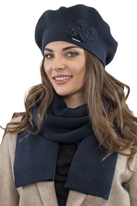 Vivisence Damen Mütze mit Schal Mit Blume Applikation Wärme An Wintertagen 7006, dunkelblau