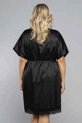 Italian Fashion Dame Morgenmantel Nachtwäsche Satin Schnürung Dotyk, Schwarz