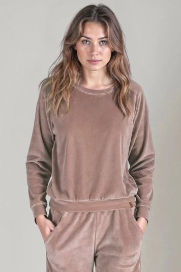 Vivisence Damen Sportbluse Sweatshirt Mit Rundhalsausschnitt Aus Velourstrick Mit Strickbündchen Und Langem Arm Lockerer Schnitt Für Freizeit Fitness Und Alltag 9005, 