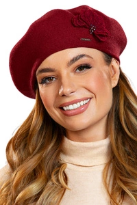 Vivisence Damen Baskenmütze Garn mit Blumenapplikation Ideal für Wintertage 7036, dunkelrot
