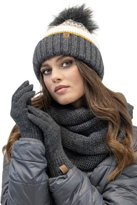 Vivisence Damen Winter-Set Warme Mütze Mit Nachhaltigem Bommel, Loop-Schal Zum Doppelt Wickeln Und 5-Finger-Handschuhe Mit Strickbündchen Für Frauen Perfekt Für Kalte Tage Und Outdoor-Aktivitäten, dunkelgrau