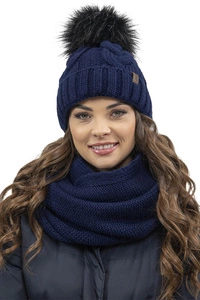 Vivisence Damen Bommelmütze Und Loop-Schal Mit Bommel Ideal Für Wintertage 7014, dunkelblau