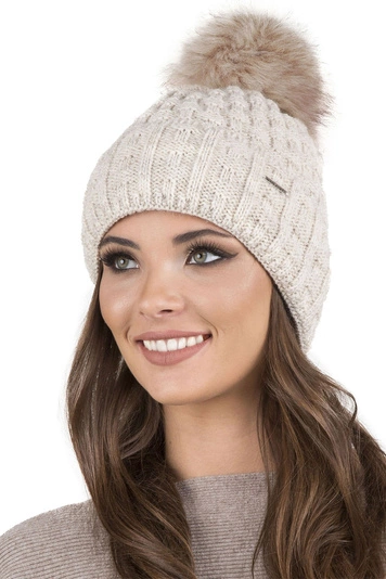 Vivisence Damen Mütze Bommel Warm Fleece Gefüttert Strick Winterstyle 7015, beige