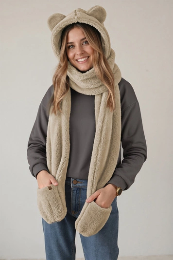 Vivisence Warme Damen Mütze 3-In-1 Teddybär-Kapuzenmütze Flauschige Mütze, Schal Und Handschuhe In Einem Perfekt Für Kalte Wintertage Und Als Geschenk, beige