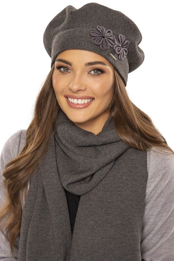 Vivisence Damen Baskenmütze Schal Set Wolle Blumenapplikation Warm Elegant 7007, dunkelgrau