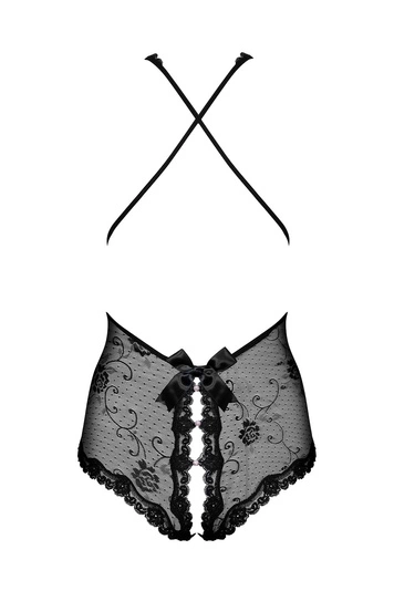 Obsessive Fiorenta teddy Body Damen Nachtwäsche regulierbar offener Schritt Top Qualität, Schwarz