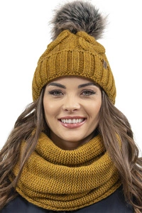 Vivisence Damen Bommelmütze Und Loop-Schal Mit Bommel Ideal Für Wintertage 7014, dunkelgelb