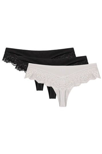 Wolbar Dame Shorts-Strings Spitze Stilvoll Elegant Verführerisch Dessous WB409, schwarz/schwarz/weiß