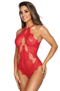 Axami Dame Body  sexy Spitze Streifen Tüll Reizwäsche  V-9590, Rot
