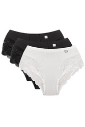 Wolbar Dame Slip Mit Hohem Bund Klassisch Elegant Netz Mesh Gummi Höschen Unterhose WB406, schwarz/schwarz/weiß