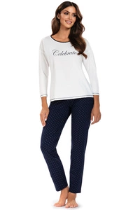 Vivisence Damen Pyjama Schlafanzug Langarm Nachtwäsche 2teilig Set Bequem 2029, ecru/dunkelblau