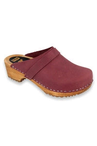 Vollsjö Damen Clogs aus Holz und Leder/Wildleder Hausschuhe Holzschuhe Clogs für Frauen, Modisch und Gemütlich Freizeitschuhe, Heimschuhe, Hergestellt in der EU, Wildleder-Weinrot