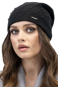 Vivisence Damen Mütze Strick Warm Winter Perlen Elegant Wolle Fleece Falten 7002, schwarz