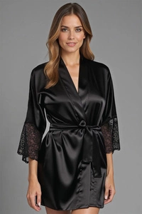 Vivisence Morgenmantel Satin Mit Spitze Bindegürtel Für Elegante Abendroutine 5031, schwarz