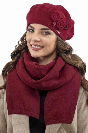 Vivisence Damen Baskenmütze Schal Set Wolle Applikation Lang Warm 7037kmpl, weinrot