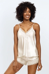 Dkaren Dame Schlafanzug 2-teilig Set Pyjama Satin Spitze Sinnlich Elegant Nachtwäsche Hawa, hellecru