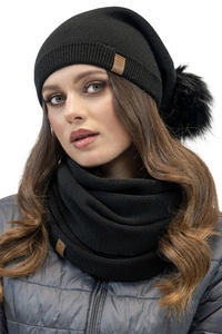 Vivisence Modisches Damen-Set aus Mütze Mit Umweltfreundlichem Pompon und Doppelt Gefaltetem Strickstoff Sowie Passendem Loop-Schal Ideal für Kalte Wintertage,