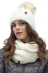 Vivisence Winterset Für Damen Mütze Mit Öko-Kunstpelz-Bommel Und Wärmendem Loop-Schal Perfekte Passform Mit Antistatischem Fleecefutter Hergestellt Aus Garn Ideal Für Kalte Wintertage, ecru